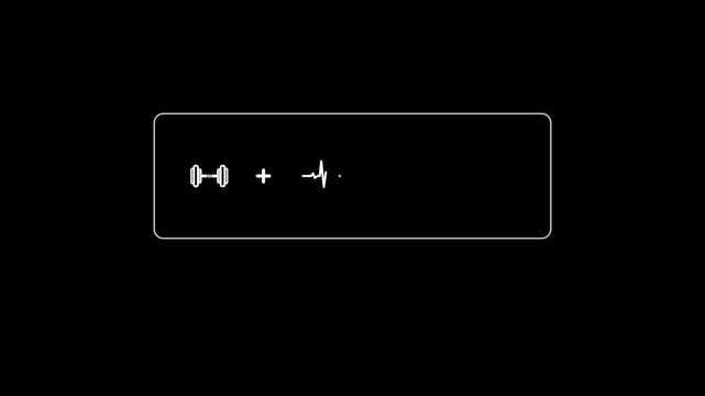 Minimalist monochrome white line animation on black background showing dumbbell plus heartbeat line equals fitness heart symbol inside an outline box, followed by Stronger Every Day text in a seamless