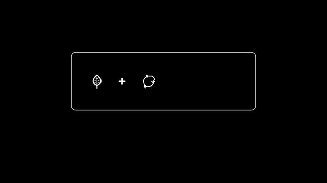 Minimalist monochrome white line animation on black background showing leaf plus recycle arrows equals eco green globe inside an outline box, followed by Build a Greener Future text in a seamless 10-s