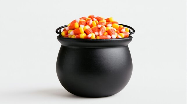 Halloween Holiday Theme. a black, round pot filled with candy corn. The candy corn is a mix of orange, yellow, and white. The pot has a handle on each side.