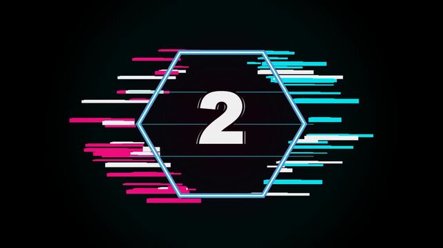 Cyberpunk retro-futuristic 3-2-1 countdown inside a glowing hexagonal portal with neon cyan and magenta glitch effects in a seamless 10-second loop.