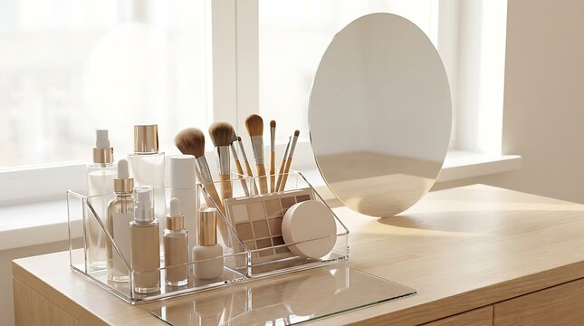 Set of makeup brushes and skin care bottles organized in a clear acrylic tray on a bright table. beginner makeup tips