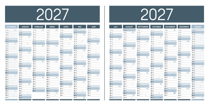 Kalender 2027 Deutsch gro&szlig;format, jahresplaner horizontal vektor mit Kalenderwochen