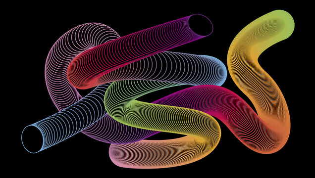 Colorful spiral tube ribbons forming flowing abstract loops on black background, vibrant 3D line art