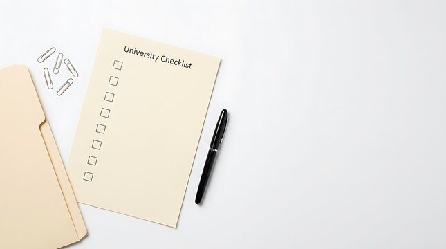 University checklist paper with a black pen and a beige file folder for student school planning tasks. University submission checklist