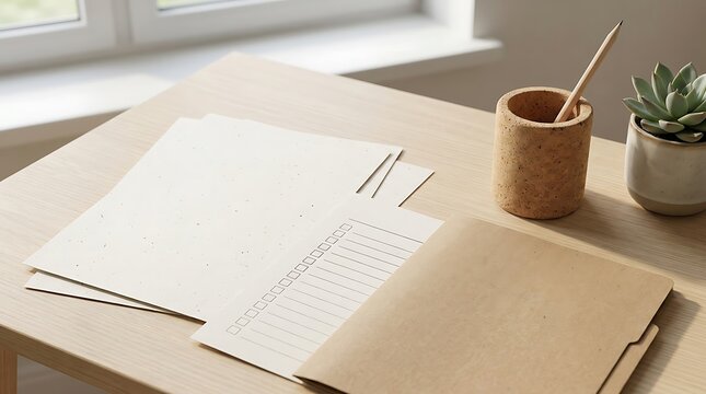 Blank checklist paper with a pencil in a holder and a small green succulent plant on a wooden desk. University submission checklist