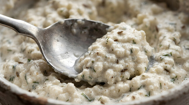 Zemaitiskas kastinys or just kastinys from Samogitia region of Lithuania, Baltic Europe in focused macro shot scooped by a silver spoon. Food spread and Baltic cuisine recipes assets