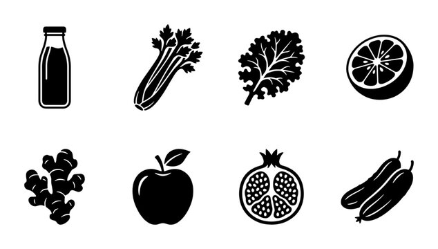 Juice and produce silhouettes set with bottle, celery, kale, lemon, ginger, apple, pomegranate and cucumber for healthy eating