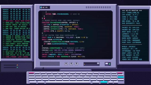 Retro pixel art coding workstation with vintage CRT computer monitors, colorful programming code scrolling continuously downwards in a seamless 10-second loop.