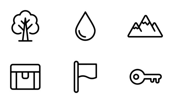 Travel and nature icons set with tree, drop, mountains, chest, flag and key for web