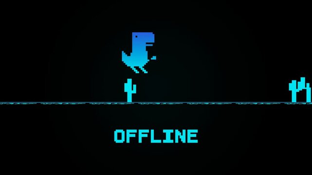 Retro pixel art Dino offline game featuring two sequential scenes: minimalist offline intro screen with glitch transition into side-scrolling running gameplay jumping over cacti in a seamless 10-secon