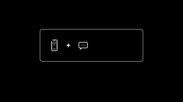 Minimalist monochrome white line animation on black background showing smartphone plus message bubble equals social connection with chat bubbles and heart notification inside an outline box, followed