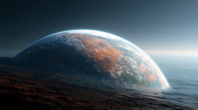 Distant glowing planet surface with light reflecting over a dark cratered lunar landscape