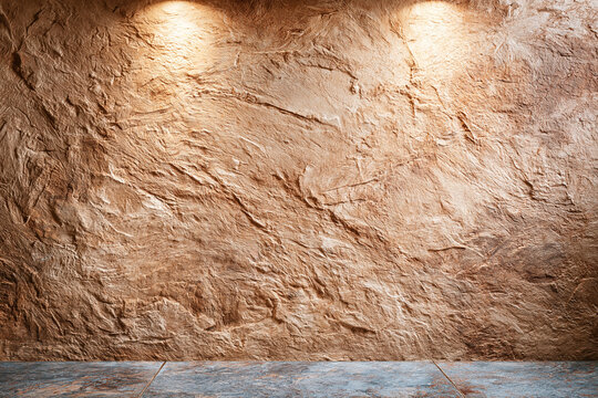 Textured brown stone wall surface illuminated by warm accent lighting in a dimly lit space