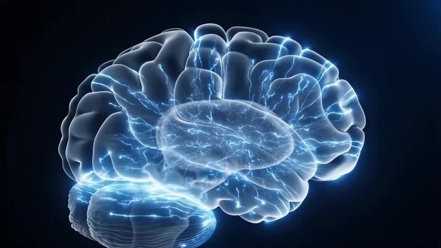 3D render of a transparent human brain model with glowing electrical impulses spreading from the core throughout the neural pathways. Concept of neurobiology, AI thinking process