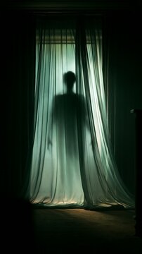 Halloween Holiday Theme. a solitary figure standing behind a sheer, flowing curtain. The curtains light and shadow create a dramatic contrast against the dark background.