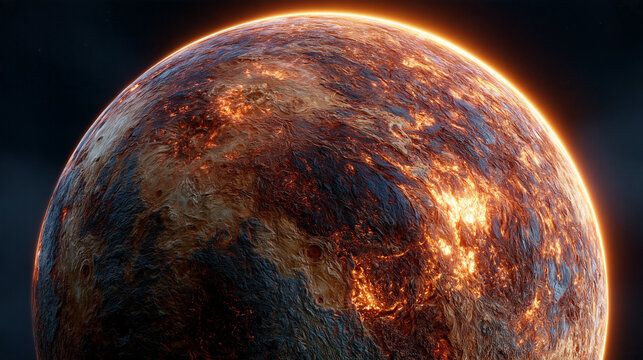 Fiery molten planet surface with glowing lava rivers and dark rock textures in deep space