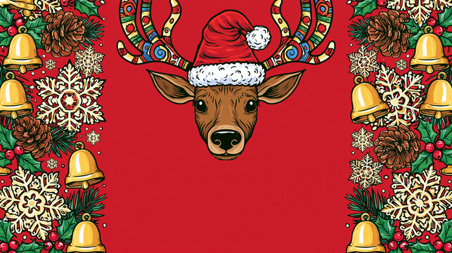 New year candy packaging artwork on a solid red background, reindeer head in a Santa hat with decorated antlers centered above an open blank space for copy, left and right borders
