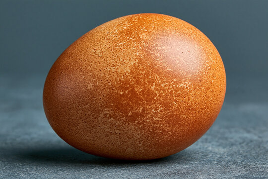Close up view of single brown chicken egg on dark textured surface with raw food