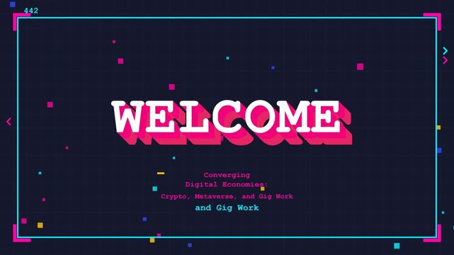 Futuristic pixel art digital background template with neon typography frame for gaming presentation slide or virtual banner design