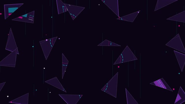 Abstract dark purple geometric background with floating futuristic triangles and cyber techno elements