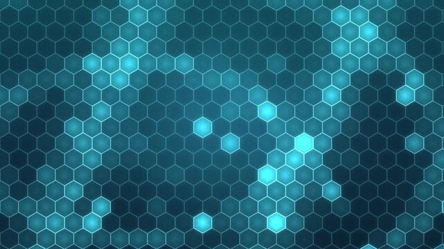 Glowing cyan hexagon technology grid with light pulses loop
