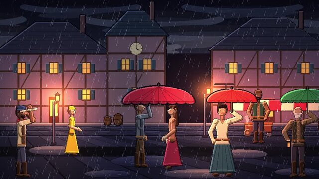 Rainy Cobblestone Street Dusk Umbrellas Puddles Lightning Village Pixe