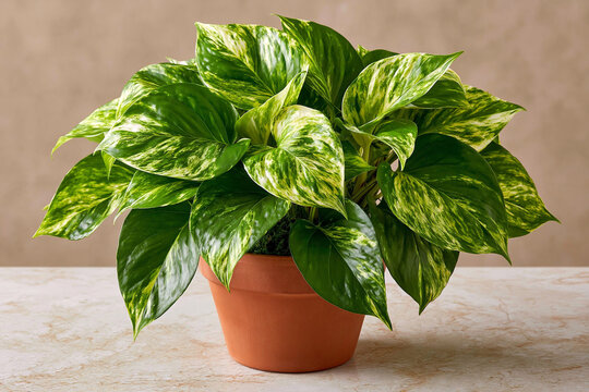 Pothos houseplant with variegated green leaves in a terracotta pot on a table
