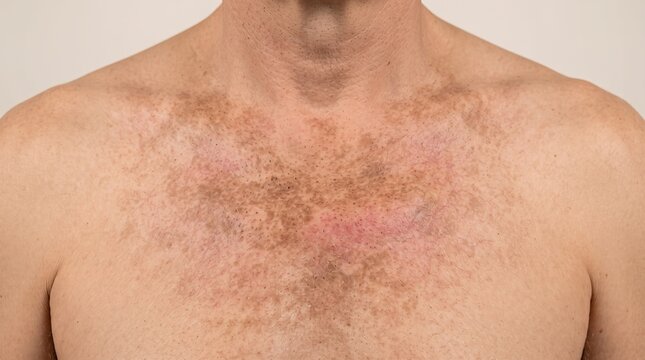 Close-up of widespread tinea versicolor or reticulated hyperpigmentation patches on man's chest