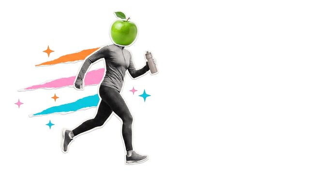 Apple-headed runner with colorful speed trails in dynamic pose
