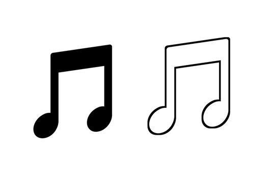 Black and white musical note icons. Solid and outline style flat vector illustrations of double eighth notes isolated on white background. Graphic design element for music, audio, melody, sound, and e