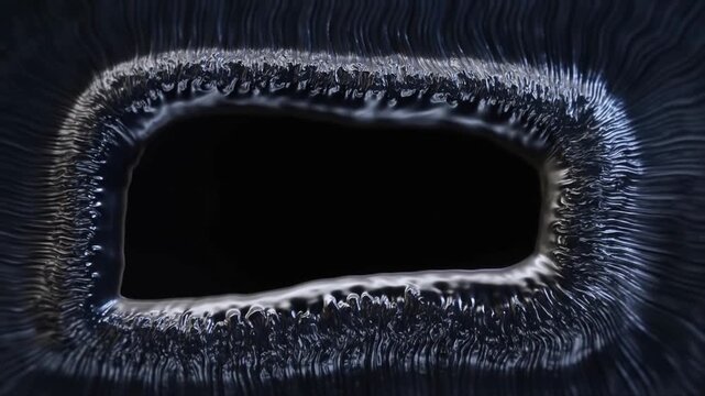 Dark ferrofluid frame with spiky liquid metal border around empty black center space