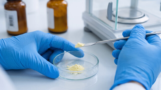 extreme close-up of a laboratory technician's blue-gloved hands measuring a small quantity of pale yellow vitamin powder with a precision microspatula into a transparent glass weighing dish
