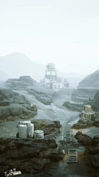 compact modular research colony testing algae remediation beside yellow tidal flats, clustered labs and storage pods linked by service tracks, remote experiment
