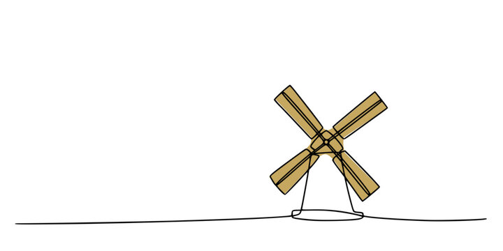 Minimalist continuous line drawing of a traditional windmill, symbolizing renewable energy, rural architecture, and Dutch heritage.