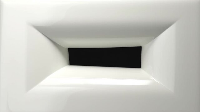 Black panel shrinking inside glossy white curved recess opening in abstract 3D background