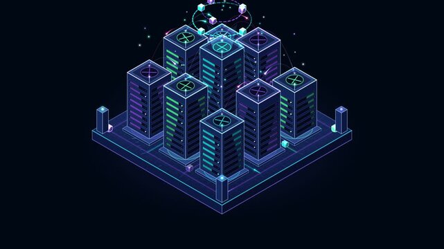 Isometric Data Center Animation with Server Racks and Cloud Computing Infrastructure