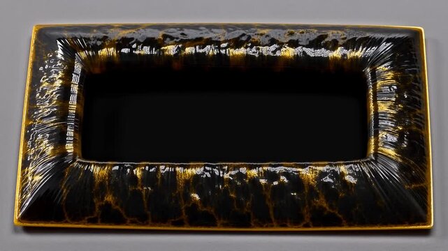 Decorative black and gold serving tray rests on a plain gray surface