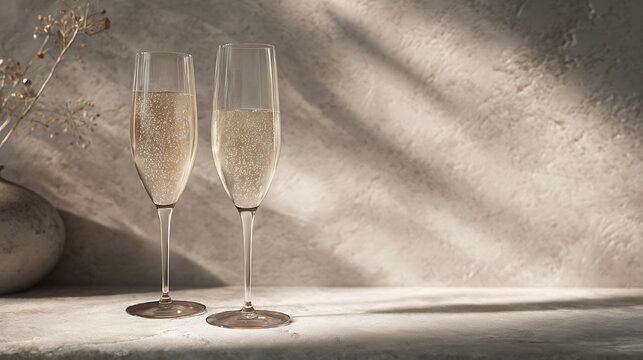 Champagne glasses gently clinking as the main subject, placed within a monotone environment using subtle tonal variation to create depth, controlled lighting shaping soft gradients and refined highlig