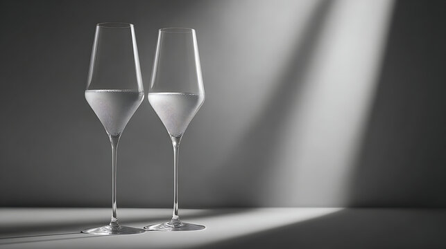 Champagne glasses gently clinking as the main subject, placed within a monotone environment using subtle tonal variation to create depth, controlled lighting shaping soft gradients and refined highlig