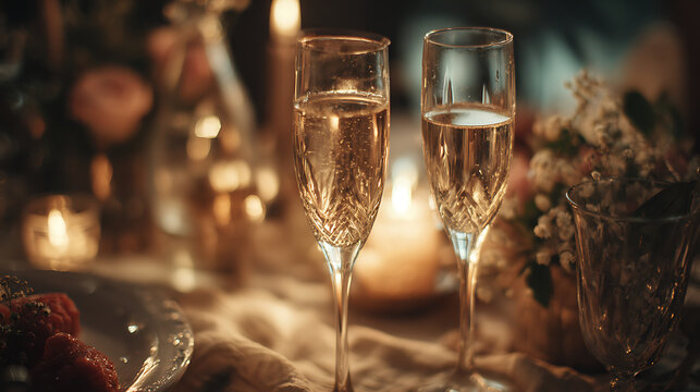 Champagne glasses gently clinking as the main subject, placed within an intimate candlelit dinner setting designed for two with subtle romantic decor, soft flickering lighting creating warm highlights