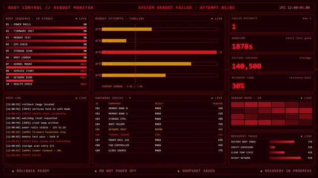 Red Boot Control Reboot Monitor Showing System Reboot Failed Recovery Dashboard.