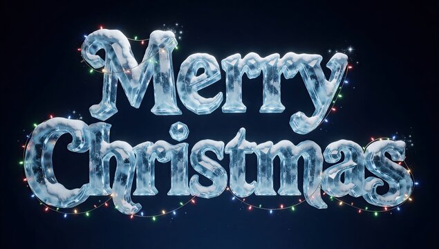 Merry Christmas 3D typography text made of ice and snow with colorful fairy lights, festive winter holiday design concept for greeting card or banner
