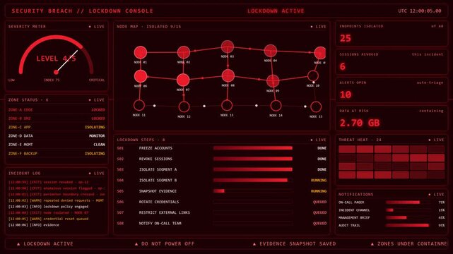 Red Security Breach Lockdown Console With Severity Meter And Isolated Node Map.