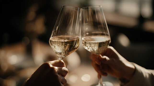 Champagne glasses gently clinking as the main subject, surrounded by expansive negative space emphasizing isolation and premium feel, soft ambient lighting producing delicate highlights and open atmos