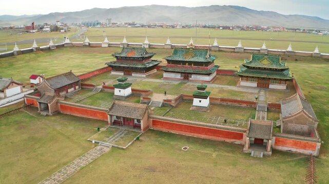 Erdene Zuu Monastery, Mongolia &ndash; drone view of a historic Buddhist monastery in Kharkhorin