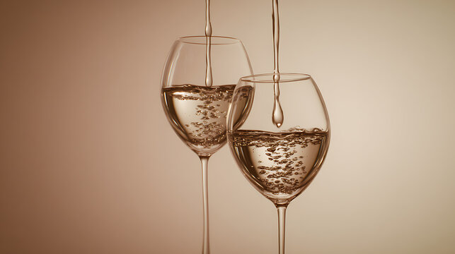 Champagne glasses gently clinking as the main subject, visually suspended within a simplified environment with no visual clutter, soft ambient lighting creating weightless reflections and gentle tonal