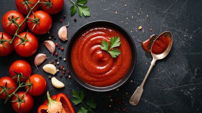 Rich tomato sauce in a black bowl surrounded by vine tomatoes, fresh garlic cloves, spices, and a spoon on a dark surface.