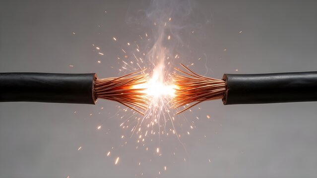 Dangerous electrical short circuit sparking brightly between two frayed copper wires inside a damaged power cable causing intense thermal hazard during failure