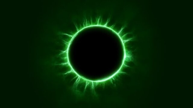 Green electric ring with lightning tendrils shrinking and centering on dark background