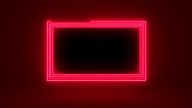 Red neon light frame with glowing lines around black empty space on dark background